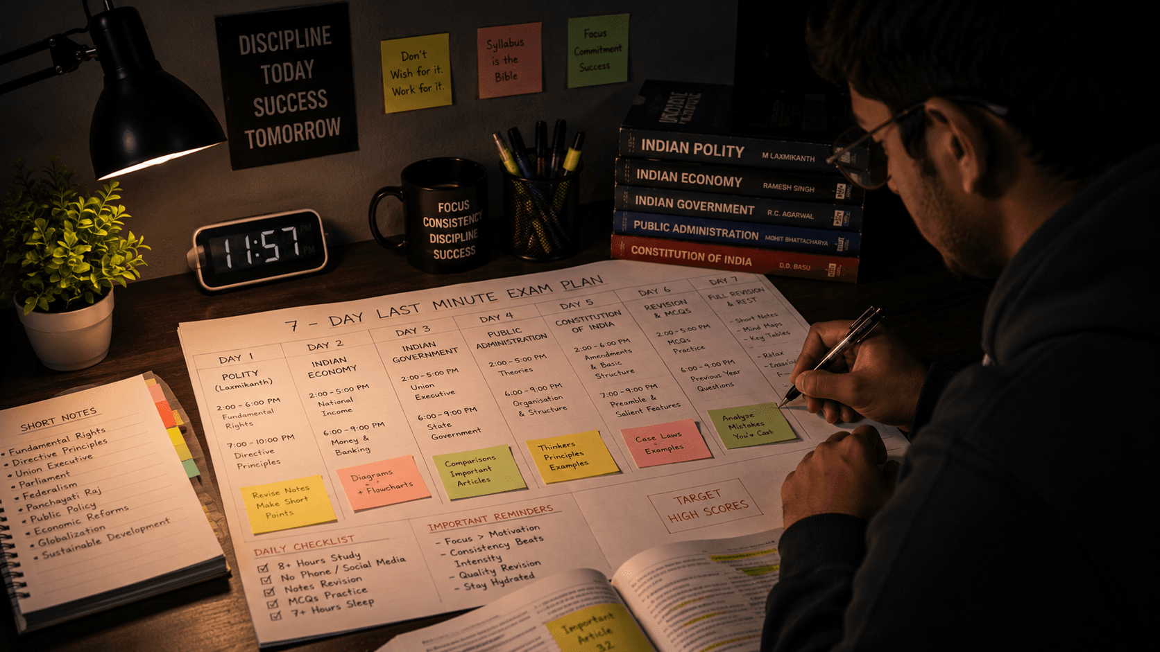 Student planning a seven-day university exam revision schedule on a desk calendar