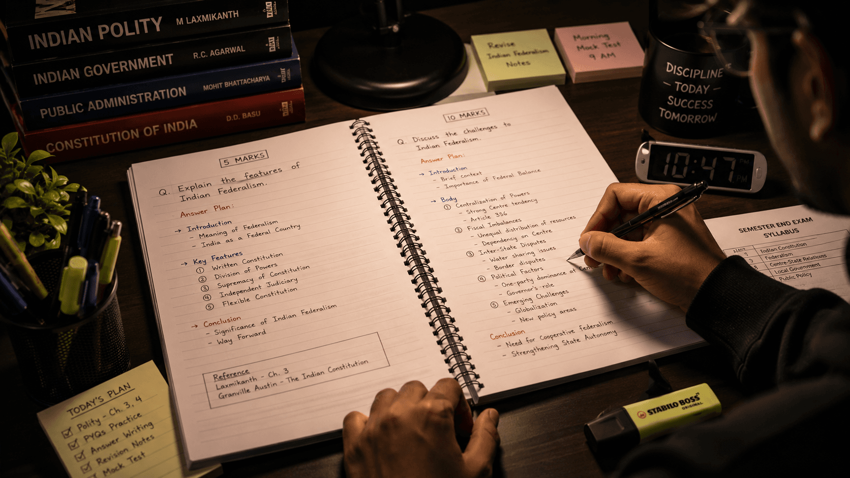 Notebook showing structured outlines for 5-mark and 10-mark university exam answers