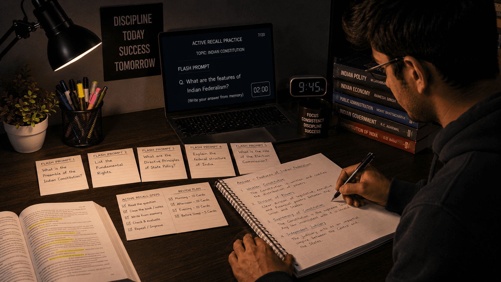 College student practicing active recall questions to score above 80 percent in exams