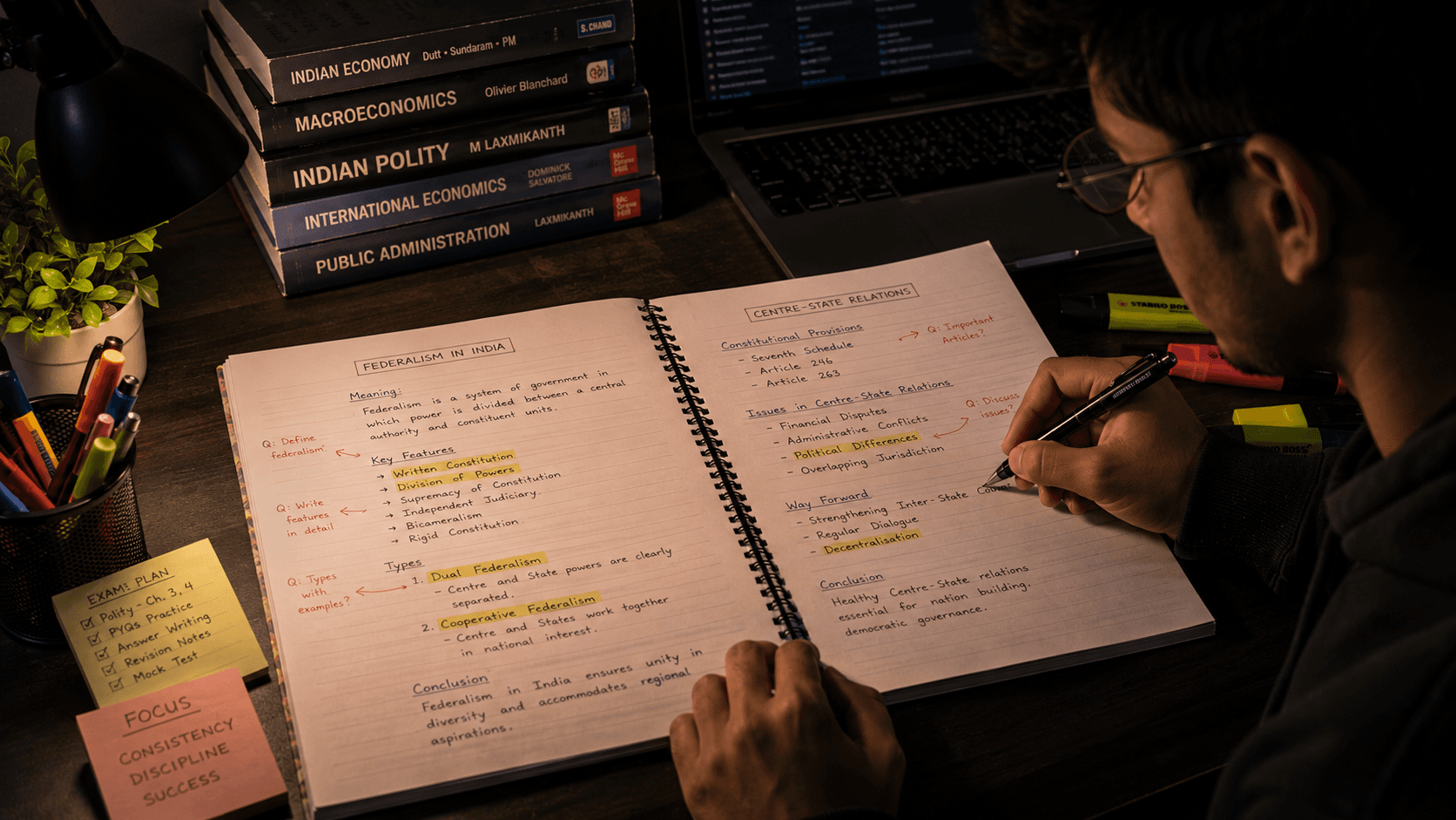Highlighted class notes with likely exam questions written in the margin