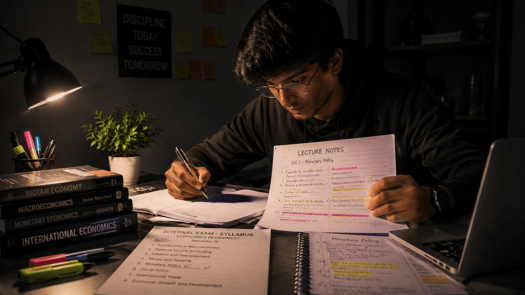University student matching class notes to an internal exam syllabus