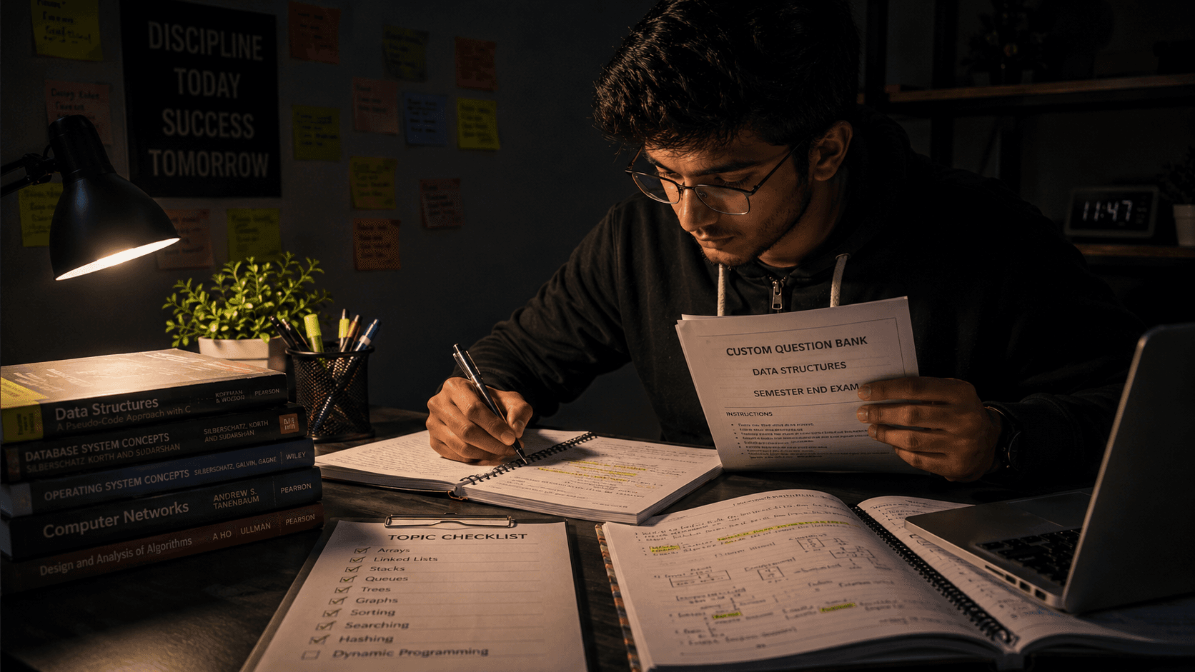 Semester end exam preparation desk with notes and a printed question bank